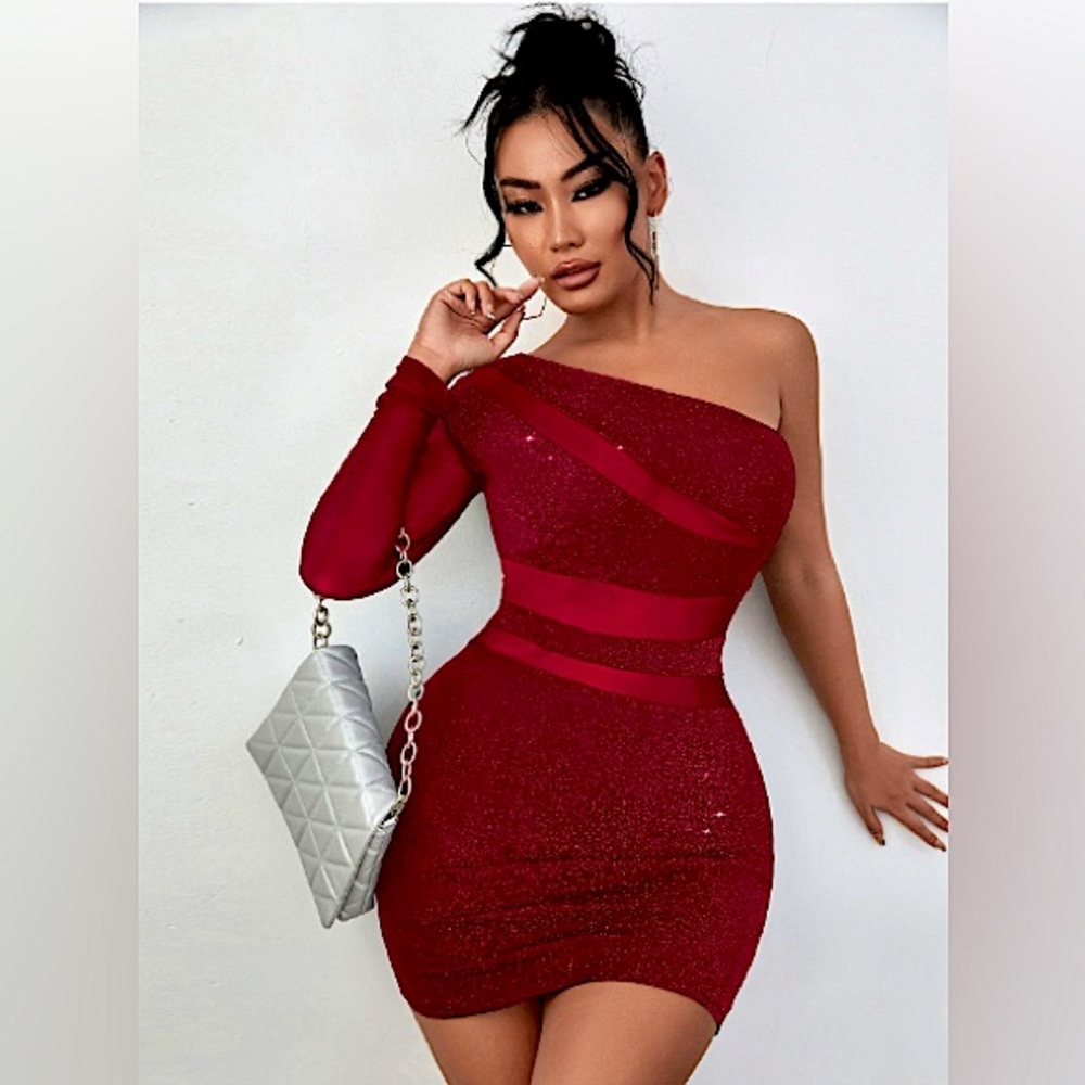 One Shoulder Sheer Cutout Glitter Dress